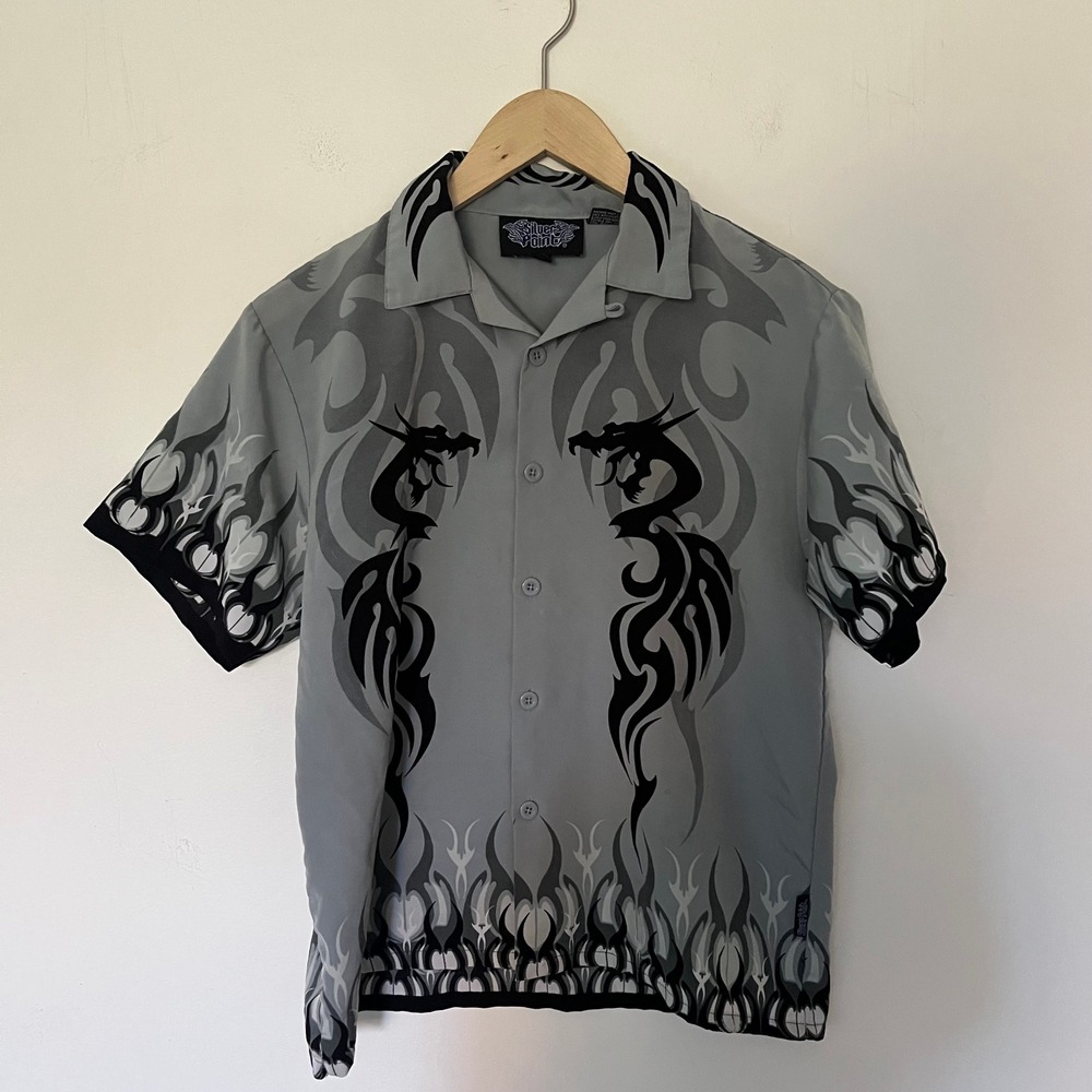 Silver Point Mens Grey Tribal Dragon Flame Graphic Button Down Shirt Medium